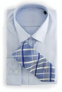 Neatly folded custom light blue dress shirt with a blue and white striped tie, highlighting elegant bespoke menswear and professional fabric choices at From Collars to Cuffs in Weston, Florida