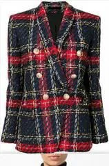 Close-up of a custom red and navy plaid double-breasted blazer with gold buttons, highlighting premium bespoke women's outerwear and tartan patterns at From Collars to Cuffs in South Florida