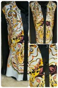 Close-up of a custom sleeveless top featuring a vibrant gold, black, and yellow paisley silk print, showcasing unique fabric options and bespoke tailoring at From Collars to Cuffs.