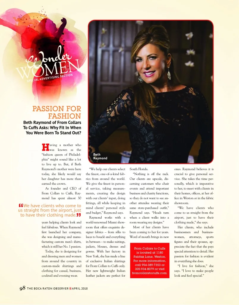 Beth Raymond founder and CEO of From Collars to Cuffs featured in Wonder Women magazine special advertising section discussing passion for bespoke fashion and custom tailoring in Weston, South Florida