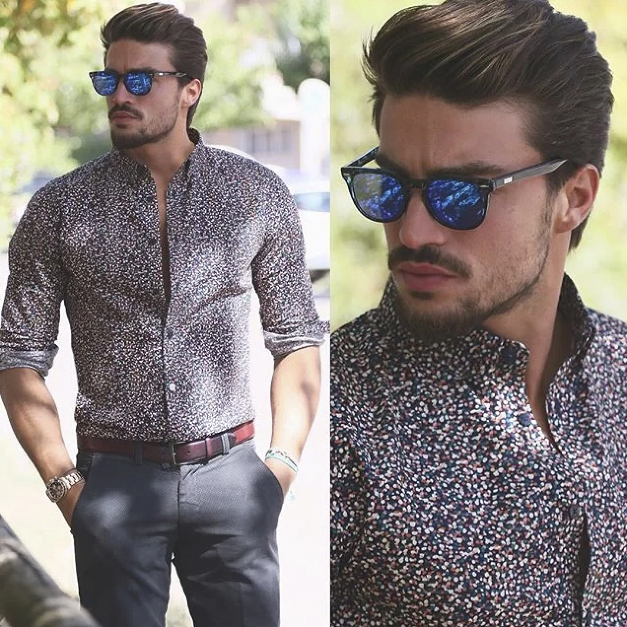 Stylish man in a custom patterned shirt and sunglasses, showcasing fast turnaround time for bespoke tailoring services at From Collars to Cuffs in Weston, FL