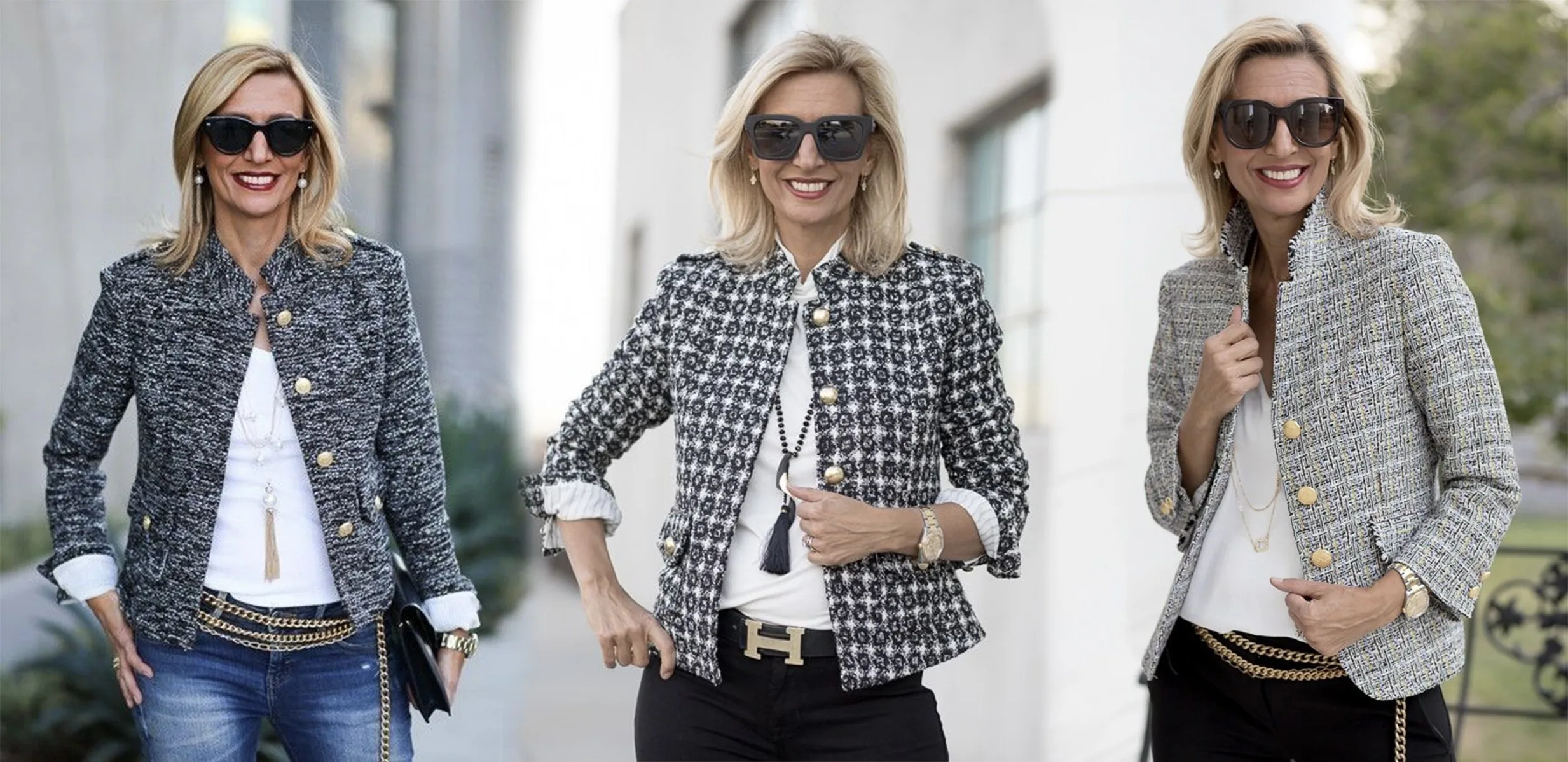 Expert fashion consultant Beth Raymond wearing stylish tweed jackets and sunglasses, offering personalized wardrobe consulting and bespoke styling services at From Collars to Cuffs in Weston, South Florida