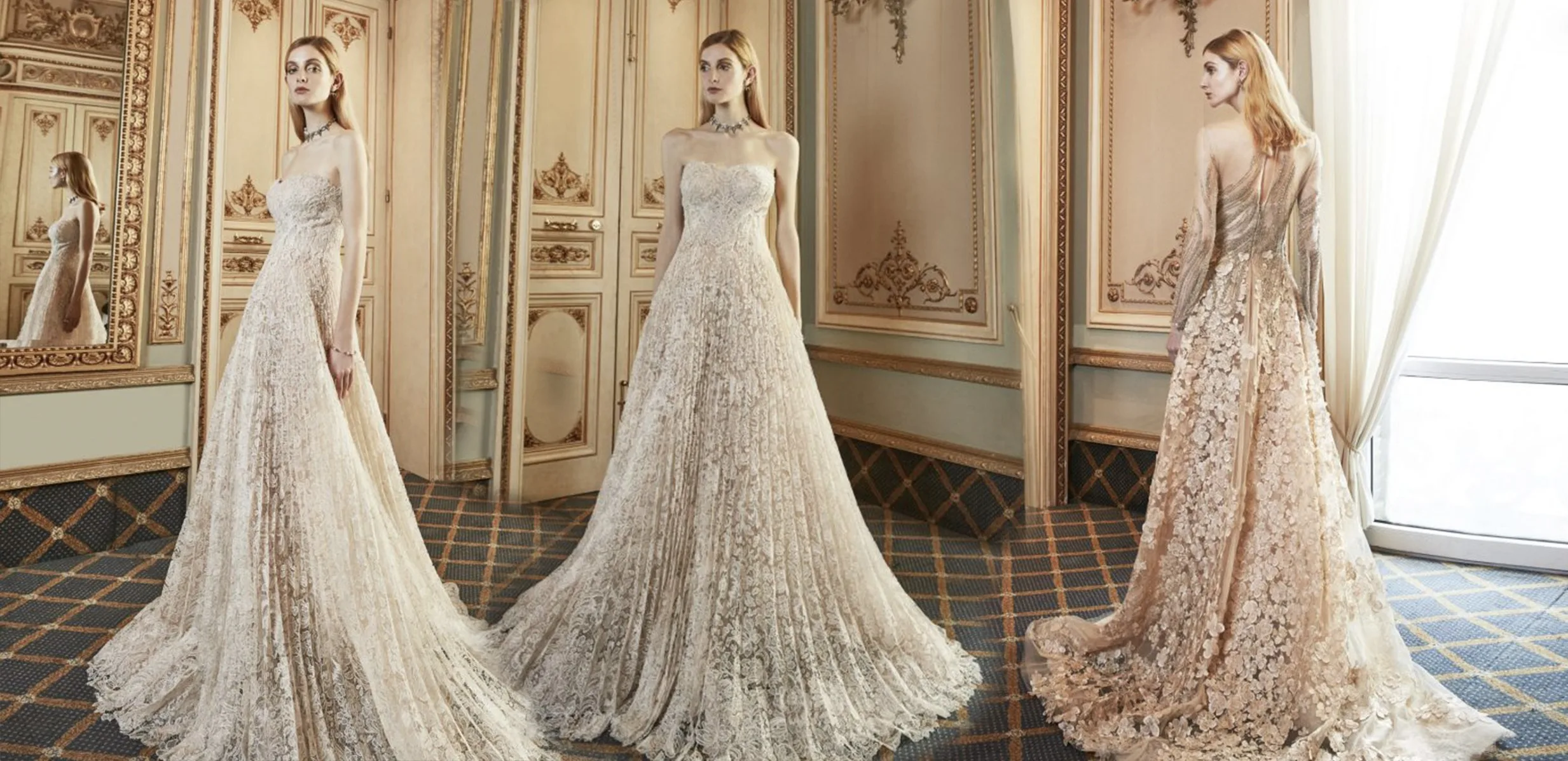 Three-angle view of a model wearing a custom haute couture lace gown, showcasing intricate embroidery and flawless silhouette at From Collars to Cuffs bespoke fashion boutique in Weston, South Florida